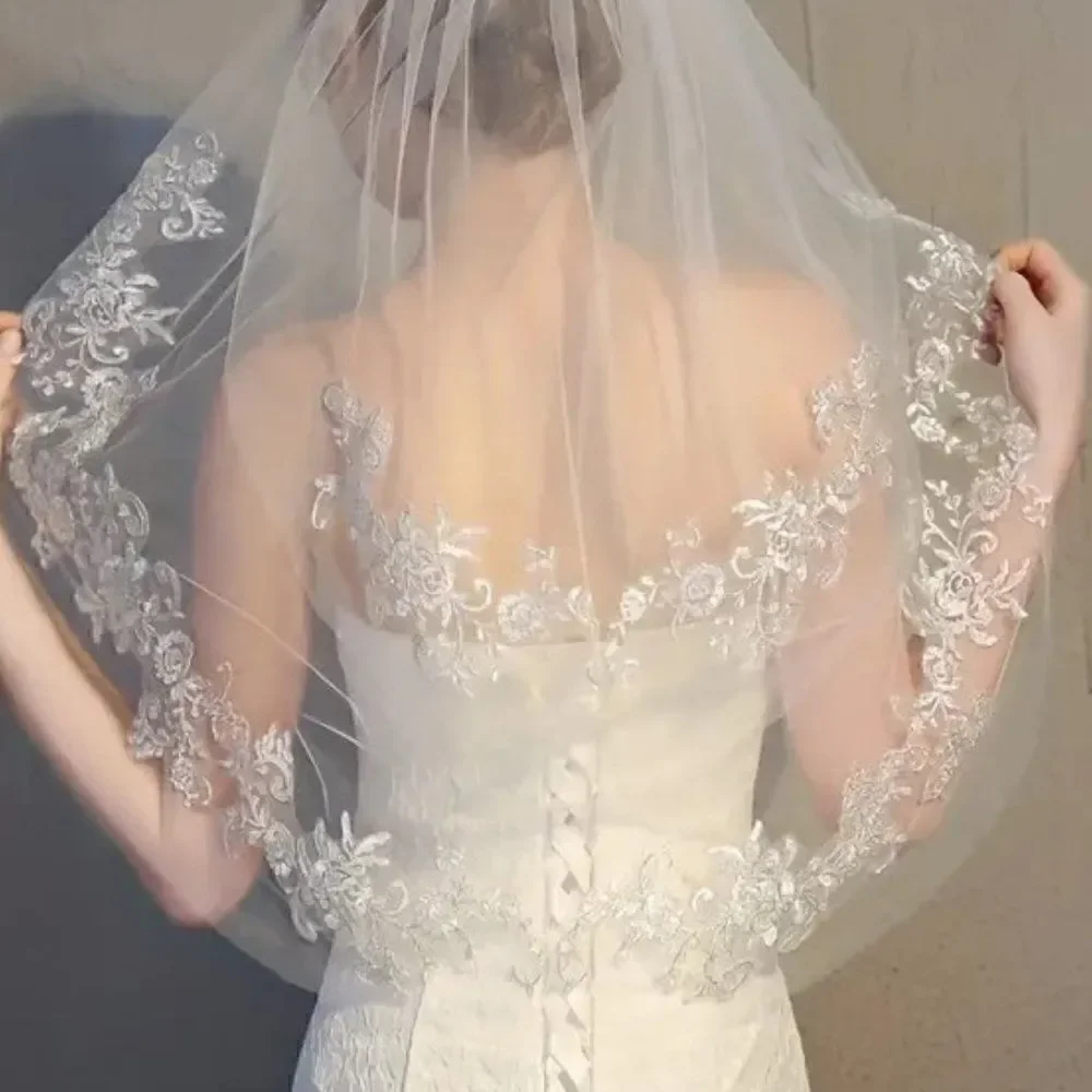 Floral Lace Edge Elbow Bridal Wedding Veil With Comb Ivory Veil White Veil